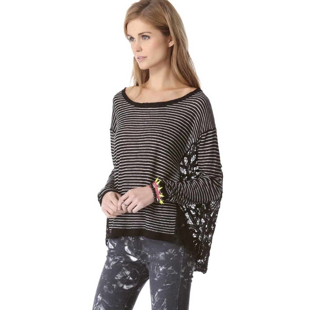 Free People Womens Black Stripe Crochet Love Me Do Blouse Top SZ
Med